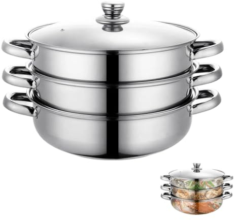 CEWROM Cuiseur vapeur pour la cuisson - 28 cm - En acier inoxydable - Avec insert à vapeur - Mijoteuse de 3/4 étages avec couvercle en verre - Cuiseur vapeur - Pour légumes, boulettes - Convient à