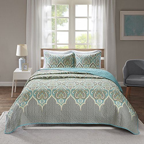 Comfort Spaces Quilt Set-Trendy Paisley Summer Cover, Cozy Coverlet Lightweight All Season Bedding Layer for Winter, Matching Shams, Full/Queen, Mona Paisley Teal