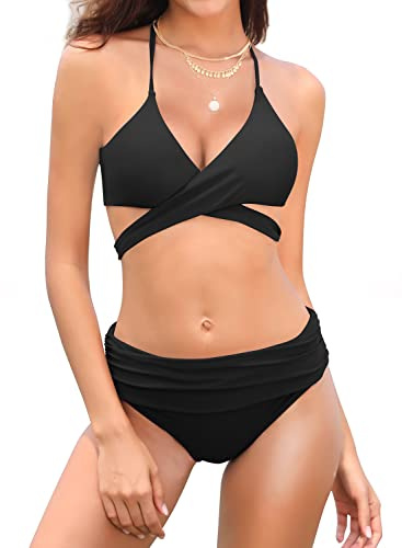 SHEKINI Damen Geteilter Push Up Bikini Set - Neckholder Oberteil Mit High Waist Bottom - Dunkle Farbe Zweiteiliger Badeanzug Sport
