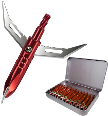 e5e10 12pcs Hunting Broadheads 100 Grain Archery Broadheads New Stell Broadheads + 1 pcs Metal Broadhead Case for Arrowheads (red)