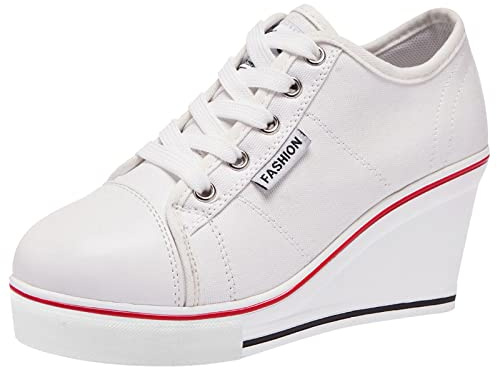 ANUFER Femmes Talon Compensé Lacets Toile Chaussure de Sport Espadrilles