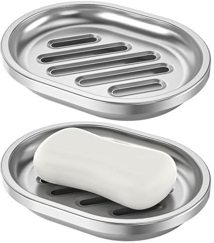 Edelstahl-Seifenschale, 2 Stück, doppelschichtiger Seifenhalter Seifenablage Seifen Aufbewahrung mit Abtropfschale für Badezimmer, Dusche, Badewanne, Küchenspüle (Silber)