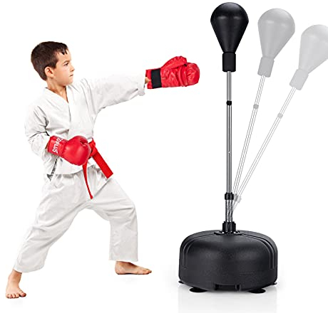 GOPLUS Punchingbollslådor set, 4 nivåer höjdjusterbar stående boxboll, stående boxningstränare med fyllbart stativ och boxhandskar, stressminskning och fitness, för vuxna, pojkar och flickor, svart