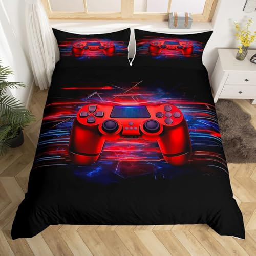 Homewish Jungen Gamepad Bettbezug 135x200,Moderner Roter Gaming Controller Bedruckter Bettbezug,Fashion Gamer Videospiele Dekoratives 2 Stücke Bettwäsche Set mit 1 Kissenbezug,Schwarz