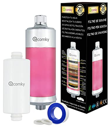 Ecomky Filtro Ducha 20 Etapas Reemplazable Purificador Agua FR-20 Protege Piel y Cabello Vitamina C Alta Presión Ablanda Agua Reduce Cloro y Metales Alivia Picores