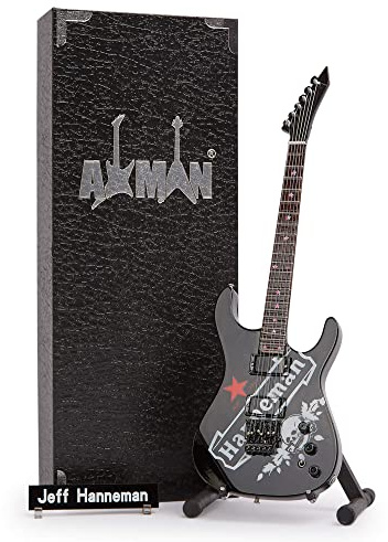 Axman Jeff Hanneman - Replica di chitarra in miniatura, regalo musicale, fatta a mano, in scala 1/4, include una scatola espositiva, targhetta per il nome e supporto per chitarra in miniatura