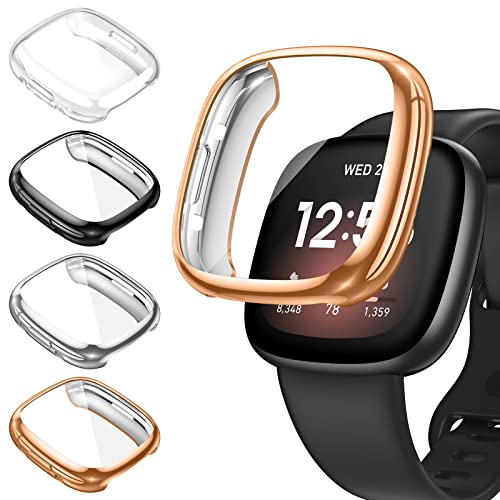Kamita [4Stück] Schutzhülle für Fitbit Versa 4/Sense 2 Hülle, Weiche TPU Bumper Case mit Displayschutz, Rundum Schutz Cover Ultradünne Gehäuse für Fitbit Versa4/Sense2 (Klar+Schwarz+Silber+Roségold)