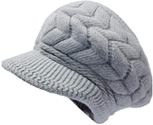 AUSUAYA Bonnet d'hiver pour femme avec bord, bonnets tricotés en laine pour dames doublés de polaire chaude et visière pour femmes, bonnet de gavroche en laine tricotée AUSUAYA UK-WS-H1, gris, M