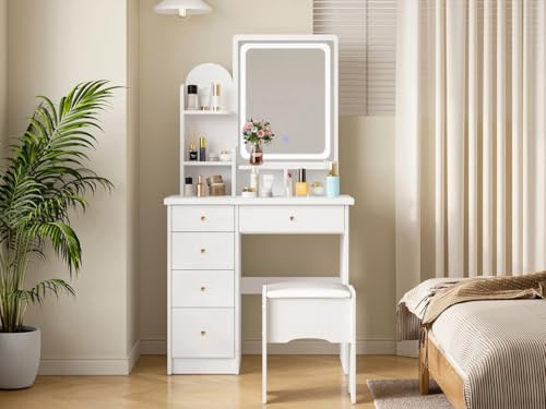 Caldion Schminktisch mit Spiegel und Beleuchtung,Schminktische mit Hocker Frisiertisch mit 5 Schubladen, Regale, Kommode Schreibtisch und gepolsterte Hocker Set 80cm(B) x 40cm(T) x 140cm(H)