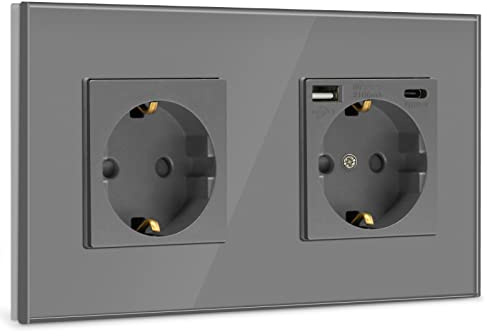 BSEED Doppelsteckdose Schuko Steckdose mit einem USB/Typ C 16Amp Unterputz Steckdose Glas Einbausteckdose mit USB 157mm Wandsteckdose Grau