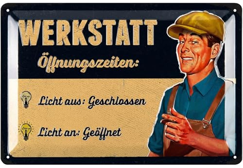 LANOLU Retro Blechschild WERKSTATT ÖFFNUNGSZEITEN SCHILD, lustige Werkstattschilder für Männer - wichtige Regeln für die Werkstatt, KFZ Mechaniker Geschenk Vatertag, Garagen Deko Metallschild 20x30cm
