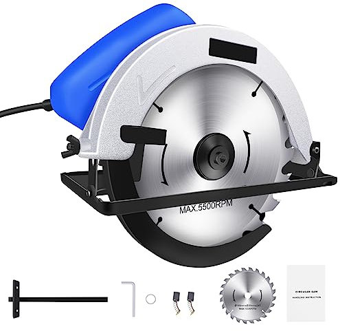 VickyHome Circular Saw 185mm Cutting Depth Blade Circular Saw, Rated Input Power 1500 W, No Load Speed 5000r/min, Adjustable Cutting Depth for Wood and Logs Cutting, 0°to 45°Bevel Cuts