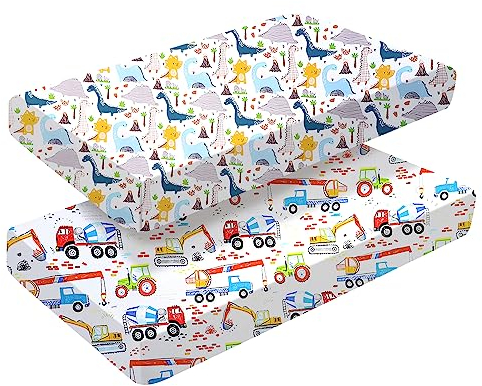 Pack de 2 sábanas bajeras ajustables de algodón para niñas y niños, ropa de cama para cuna, de fácil cuidado, algodón suave y duradero, con estampado de coche y dinosaurios únicos, 60 x 120 cm