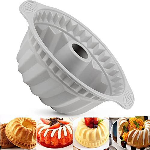 LANYOTA Cake Mould Silicone Baking Pan, 24cm 9.5'' Fluted Tube Cake Pan Ring Cake Tin for Baking, Round Baking Tin with Handle Grips, Non-Stick Coating for Chiffon Cake Cheesecake Gugelhupf (Grey)