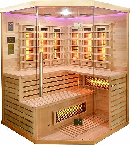 SANOTECHNIK Infrarotkabine Deluxe – Infrarotsauna für 3–4 Personen 150×150×200cm | 8 Vollspektrum-Strahler + 1 Carbon-Platte (2580W), LED-Farblicht, Bluetooth-MP3 – Art.Nr.: J21150