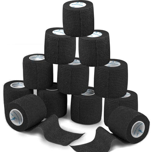ANAMPION 12 Rolls Self-Adhesive Football Sock Tape 5cm x 4.5m Self Adherent Cohesive Bandages Wrap First Aid Athletic Sports Tape for Wrist Ankle Pet & Vet Wrap for Dogs, Horse (Black)