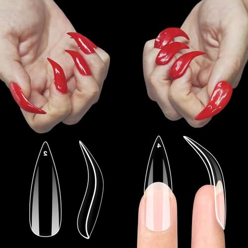 NOVO OVO Halloween Nail Tips Curved Stiletto, klar Gel-Erweiterungsset Vollabdeckung für 3D-Adler Klaue Nägel, dicker extra Haken tiefer Deep Curve Almond french Tip Soft False Fake12 Größen 120 Stück