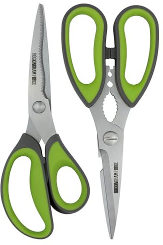Rockingham Forge 2 Piece Sharp Kitchen and Household Scissor Set, Rust Resistant, Kinked and Curved 9CM Stainless Steel Blades, Nut Cracker and Bottle Opener, Green and Grey