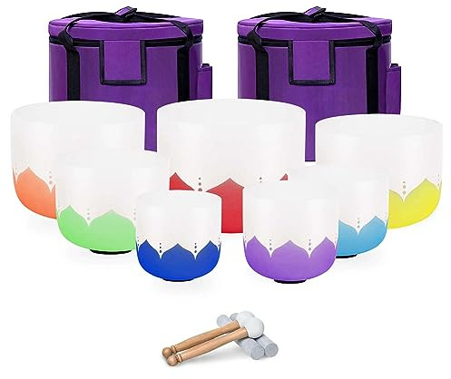 Juego de 7 cuencos tibetanos de cristal de 6 a 12 pulgadas for yoga, cuencos tibetanos de cuarzo chakra con estuches de transporte resistentes, mazos de goma, huelguistas de gamuza y juntas tóricas, d