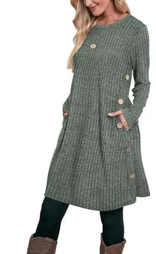 Aokosor Pulloverkleid Damen Langarm Kleider Strickkleid für Damen Winterkleid Tunika Kleid Jumper Kleid mit Knöpfen und Taschen Streifen Grün L