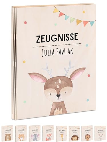 Wunderwunsch® - Personalisierte Holzzeugnismappe mit hochwertigem Spezial-Druck - Einschulung Geschenk für Jungen & Mädchen (Reh Girlande)