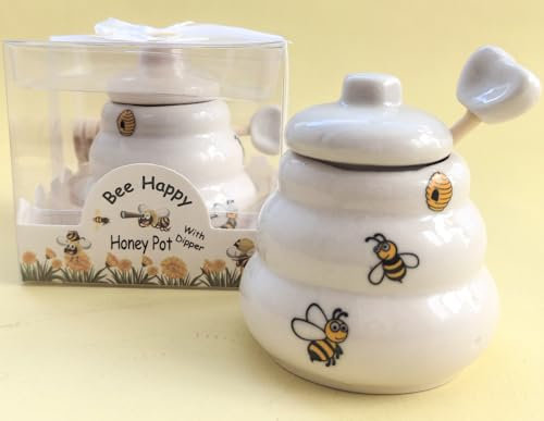 12 Sets Ceramic Bee-Happy Honey Pot with Dipper，Honey Jar Serving Set with Exquisiting Package for Wedding Favor,Bridal Shower Favor, Baby Shower Favor，Party Favor (12)