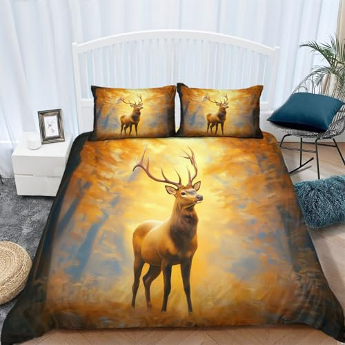 Generisch Bettbezug-Set 240 x 220 cm Mädchen Kinder Wald-Elch Gold Mikrofaser,Bettbezug mit Reißverschluss und 2 Kissenbezug 80x80cm