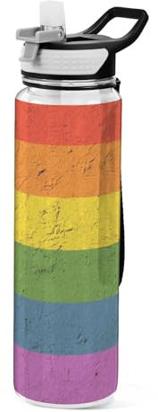Mnsruu Transparente Sport-Wasserflasche mit Strohhalm, auslaufsichere Trinkflasche, Lgbt Pride, Regenbogenstreifen, Fahrradflaschen für Sport, Büro, Schule, BPA-freier Tritan-Kunststoff, 1 Liter