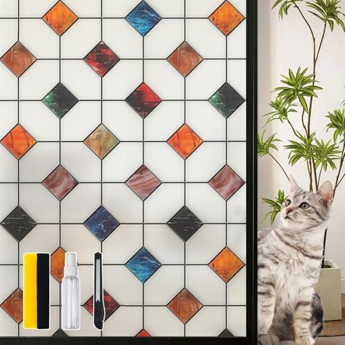 DKTIE Buntglas-Fensterfolie, geometrische Muster, 89,9 x 300 cm | Frosted Window Clings Waterproof for Bathroom Window Privacy Film Day and Night