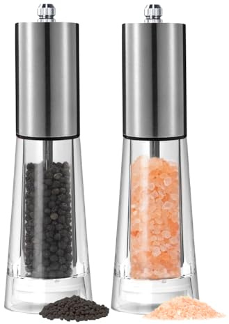 Wellong Stainless Pepper Grinder, 7 Inches Salt Grinder with Adjustable Coarseness Pepper Mill, Refillable Manual Salt Grinder, Oak Wood Salt and Pepper Grinder Mill for Kitche - 2 Pack