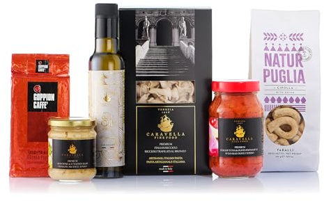 Caravella Fine Food Italian Selection of Pasta Sauces EVO Olive Oil Artichoke spread Taralli Coffee Gourmet Gifts&Delicacies for Her Him Couple Foodies Birthday Easter Anniversary Corporate