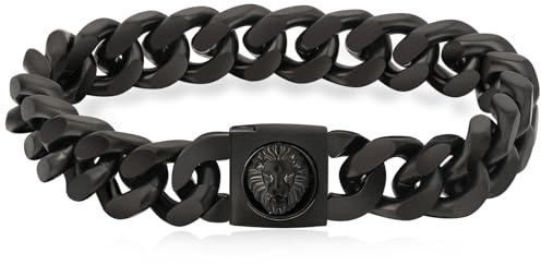 KRKC&CO 12mm Herren Armband mit Löwe Kopf Verschluss, Panzerarmband mit Schwarz Beschichtung, breite dicke Edelstahl Armbänder, Hip Hop Wikinger Schmuck Geschenk für Männer Jungs [Länge 21,6cm]