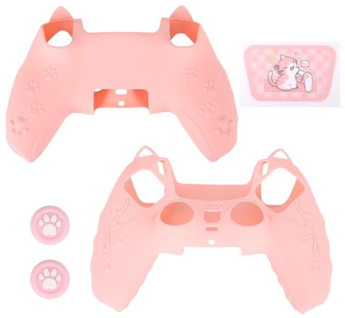 lasuroa Ensemble Coque Rose Manette pour PS5, Patte Chat Mignonne Housse Antidérapante en Silicone Accessoires de PS5 Manette sans Fil Coque Protection avec Coussins Pouce & Autocollant Pavé Tactile