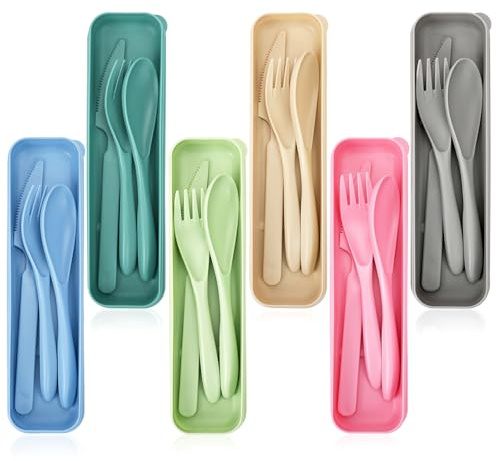 DIYJEP 6 Set Travel Cutlery Set with Case, Portable Camping Cutlery, Reusable Plastic Spoon Fork Knife Utensils Flatware Tableware for Kids Adult Picnic School Office Outdoor or Daily Use (6 Colours)