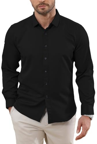 Halfword Camisas Formal Hombre Manga Larga Negocios Botones Elegantes Vestir Casual Boda Regular Fit Negro XL