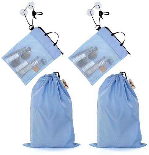 GNEGNI LIFE 4 PCS Travel Toiletry Bag Hanging - 2 Set Portable Shower Organiser with Suction Hook, Foldable Mesh Caddy Toiletry Bags for Gym, Camping for Men & Women
