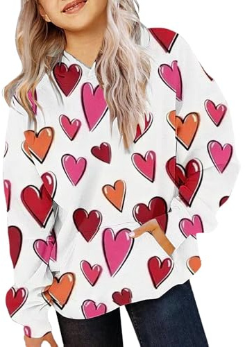 Mjjsk Grafiska huvtröjor för flickor snyggt hjärttryck långärmad pullover sweatshirt barnmode skola huva jumper vardaglig huvtröja toppar, Rosa (Hot Pink), 4-5 Years