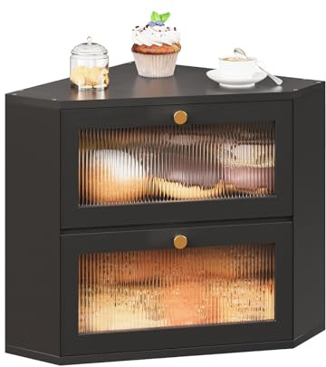 VEDECASA Bambus Brotkasten für Küche 2-Etagen Eck-brotkasten mit transparenter Acryl-Tür lebensmittelecht Brotbox Brotbehälter mit großem Stauraum für Arbeitsplatte, Schwarz 31x31x35cm