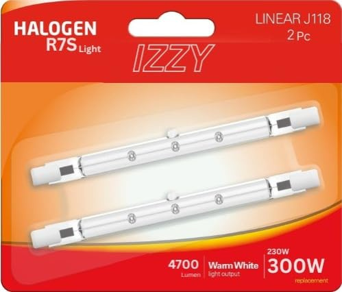 Izzy 2 Pack R7s 230W Halogen Bulb 118mm 230V 4700lm 2700k Warm White Energy Saving Tungsten Linear Bulbs Floodlight J118 Security Lamp Light Bulb Dimmable [Energy Class G]