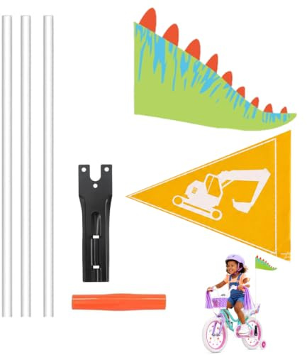 Drapeau Vélo Enfant, Accessoires de vélo pour enfants 2 fanions de sécurité pour enfants avec support avec 3 Mât, Queue de dinosaure, conception de véhicule de construction,pour Vélo Scooter Camions