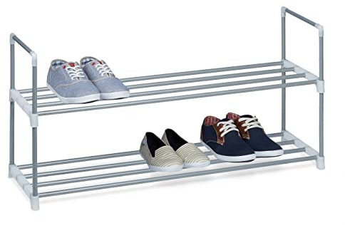 Relaxdays Schuhregal Stecksystem, 2 Ebenen, für 8 Paar Schuhe, HxBxT: 45 x 90 x 31 cm, Schuhständer Metall, silber/weiß