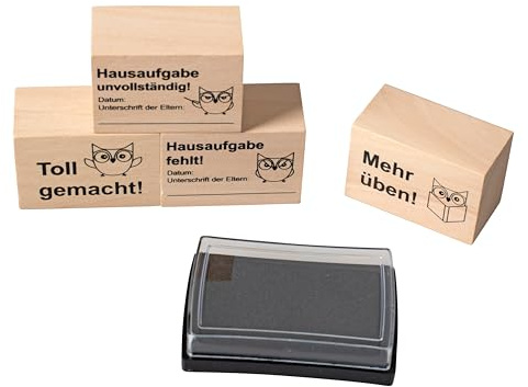 Betzold Hausaufgabenstempel 4er-Set inkl. Stempelkissen | Stempelset, Hausaufgaben, Lehrerbedarf, Schule, Unterricht, Motivation