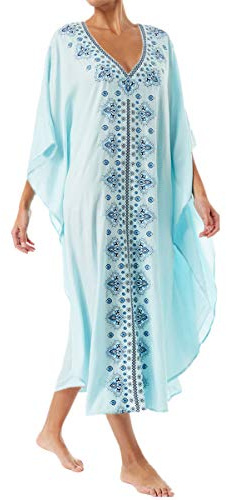 L-Peach, lång klänning, blommig, kaftan, broderad, bomull, bikini, strandklänning, one size