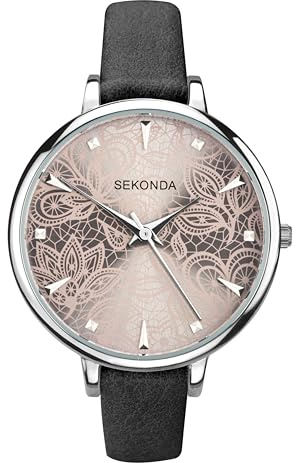 Sekonda Editions 37mm Ladies Silver Case Watch Grey Lace Patterned Dial Three Hand Analogue Quartz with PU strap