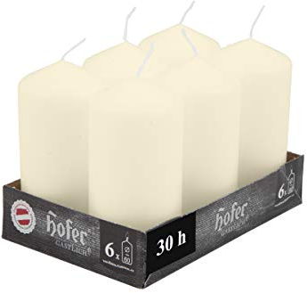 Hofer Stumpenkerzen - Elfenbein - 6 x 12 cm - Lange Brenndauer - 39 Stunden - Unparfümiert - Tropffreie - 6 Stück Kerzen