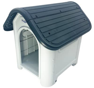 HugglePets Plastic Dog Kennel Outdoor & Indoor (75 x 59cm - Grey) Raised & Ventilated Weatherproof Cat or Dog House Pet Shelter. Lightweight & Durable, Easy to Assemble & Clean.