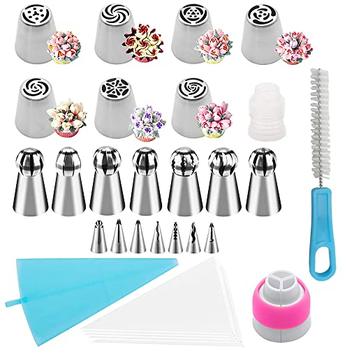 Tucireat Spritztüllen Set Edelstahl 35 Stück Spritztüllen Blumen Spritztüllen Rosen Spritztüllen Groß Russische Spritztüllen Set Spritzbeutel mit Tüllen Große Spritztüllen Backzubehör für Torten