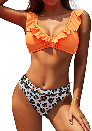 SHEKINI Damen Bikini Set V Ausschnitt Volant Rückenfrei Elegant Bikinioberteil Zweiteiliger Bikini mit Niedrige Taille Cutout Gedruckt Bikinihose (XL,Fluoreszierendes Orange)