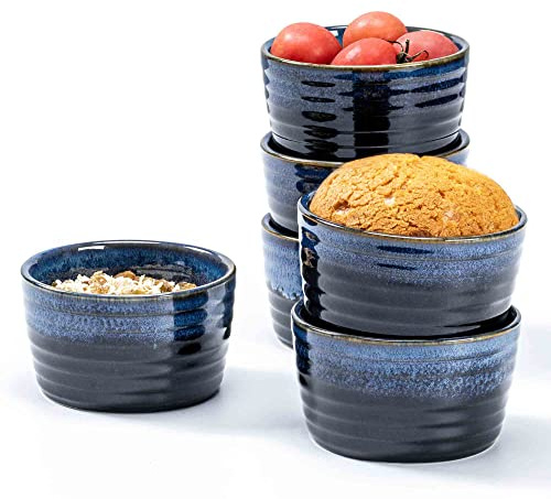 Henten Home Ceramic 8 oz Ramekins Set of 6, Porcelain Souffle and Creme Brulee Ramekins, Oven Safe Small Bowls, Reactive Glaze (Blue)