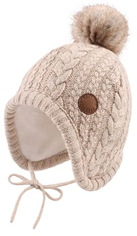 XIAOHAWANG Cappello Invernale per Neonati con Fodera in Velluto per Bambini Beanie per Bambini Earflap Caldi Cappelli per Bambini per Ragazze con Pompon (Beige, 0-6 Mesi)